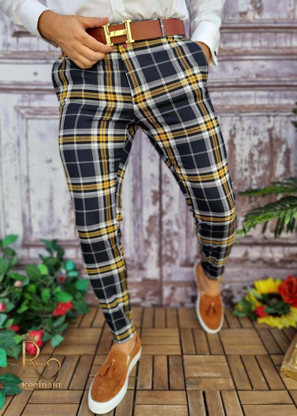 Pantaloni eleganți de bărbați, Bleumarin cu dungi galbene, Slim Fit - PN598
