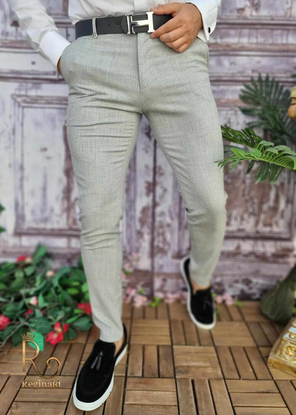 Pantaloni eleganti de barbati gri, croiala slim-fit - PN627