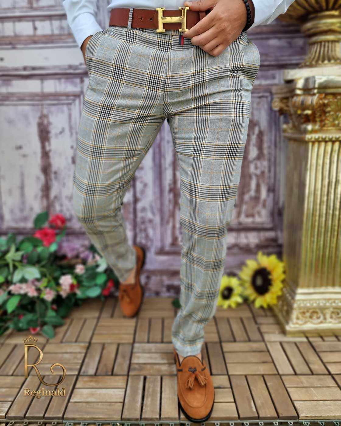 Pantaloni eleganți de bărbați, Gri in carouri , Slim Fit si Conici - PN679