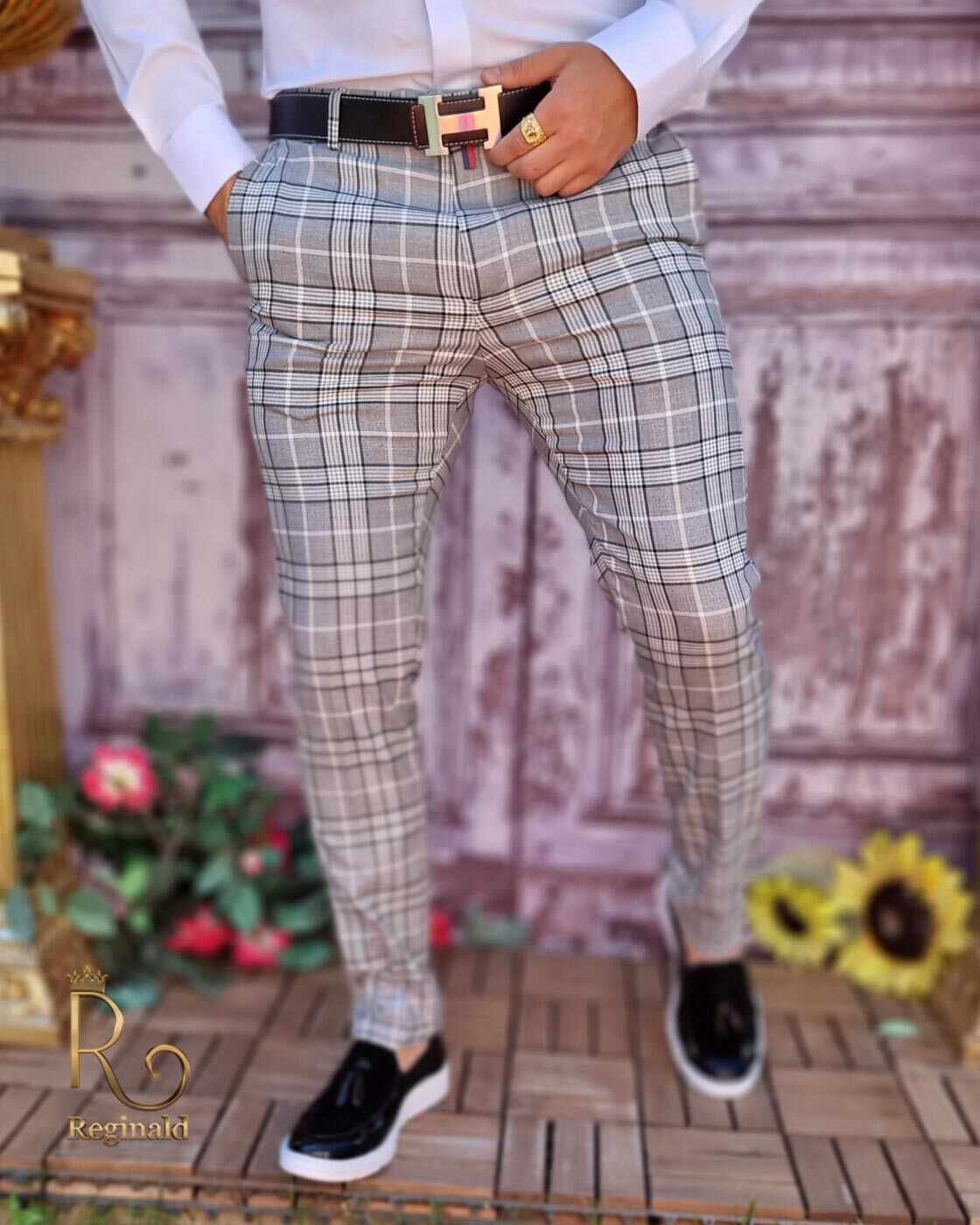 Pantaloni eleganți de bărbați, Gri in carouri , Slim Fit si Conici - PN692