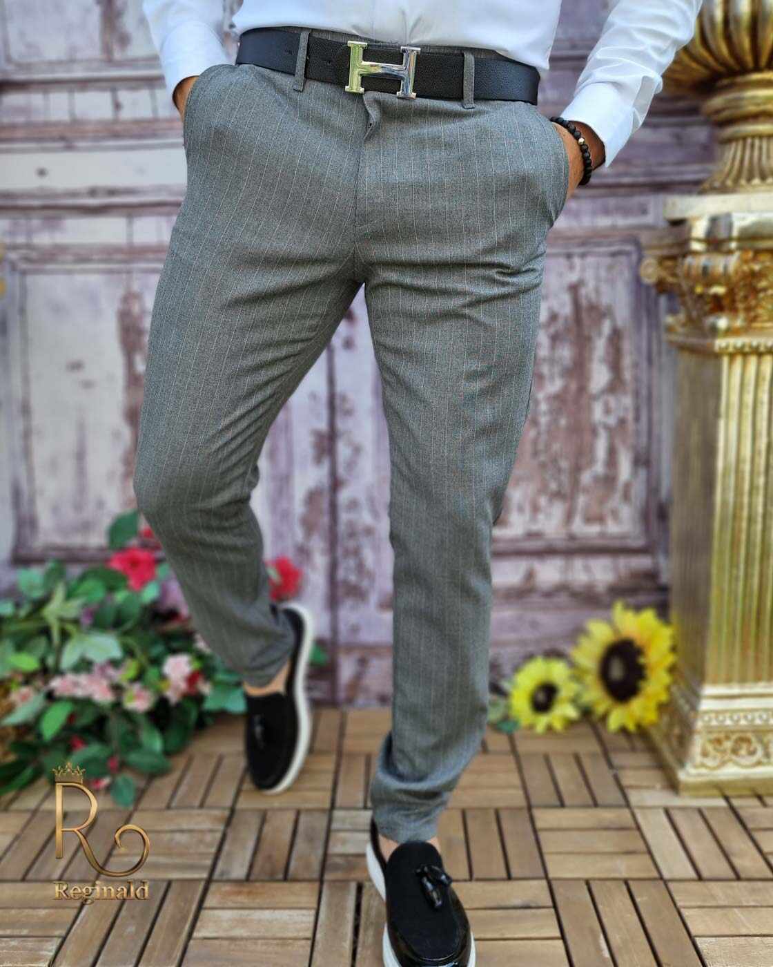 Pantaloni eleganți de bărbați, Gri, Slim Fit si Conici - PN663