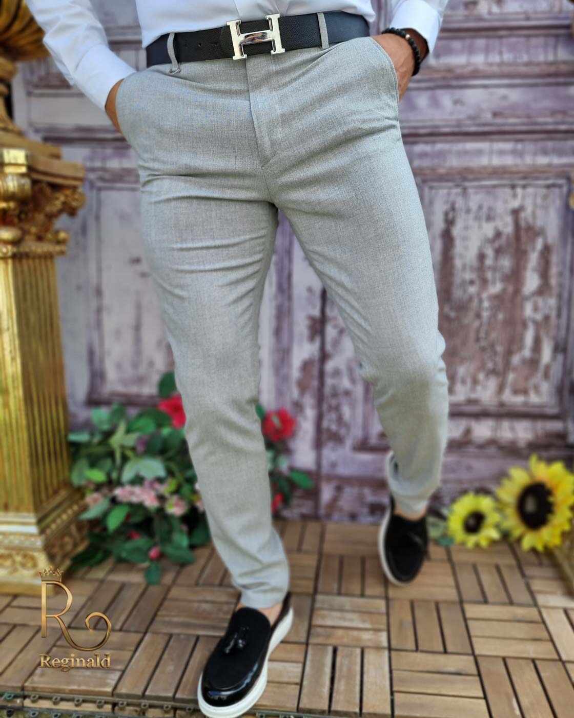Pantaloni eleganți de bărbați, Gri, Slim Fit si Conici - PN665