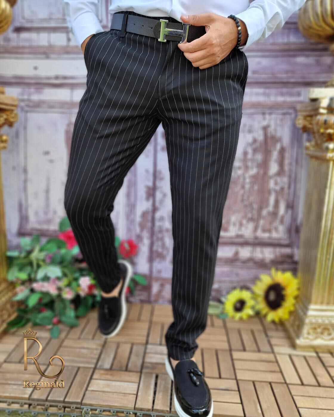 Pantaloni eleganți de bărbați, Negru cu dungi, Slim Fit si Conici - PN664