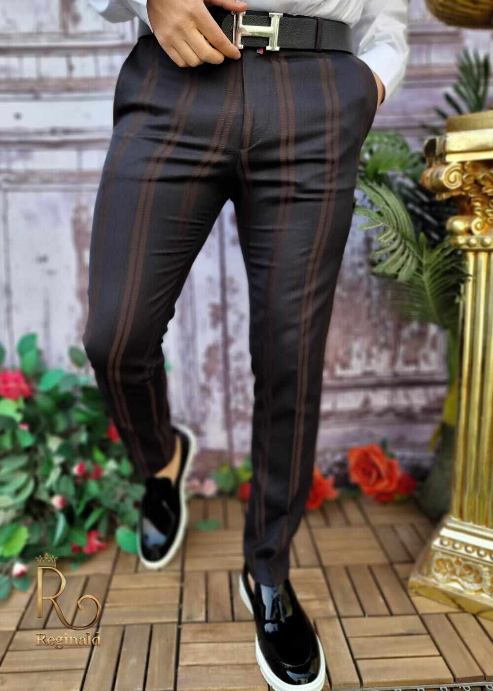 Pantaloni eleganti de barbati negru in dungi, croiala slim-fit - PN630