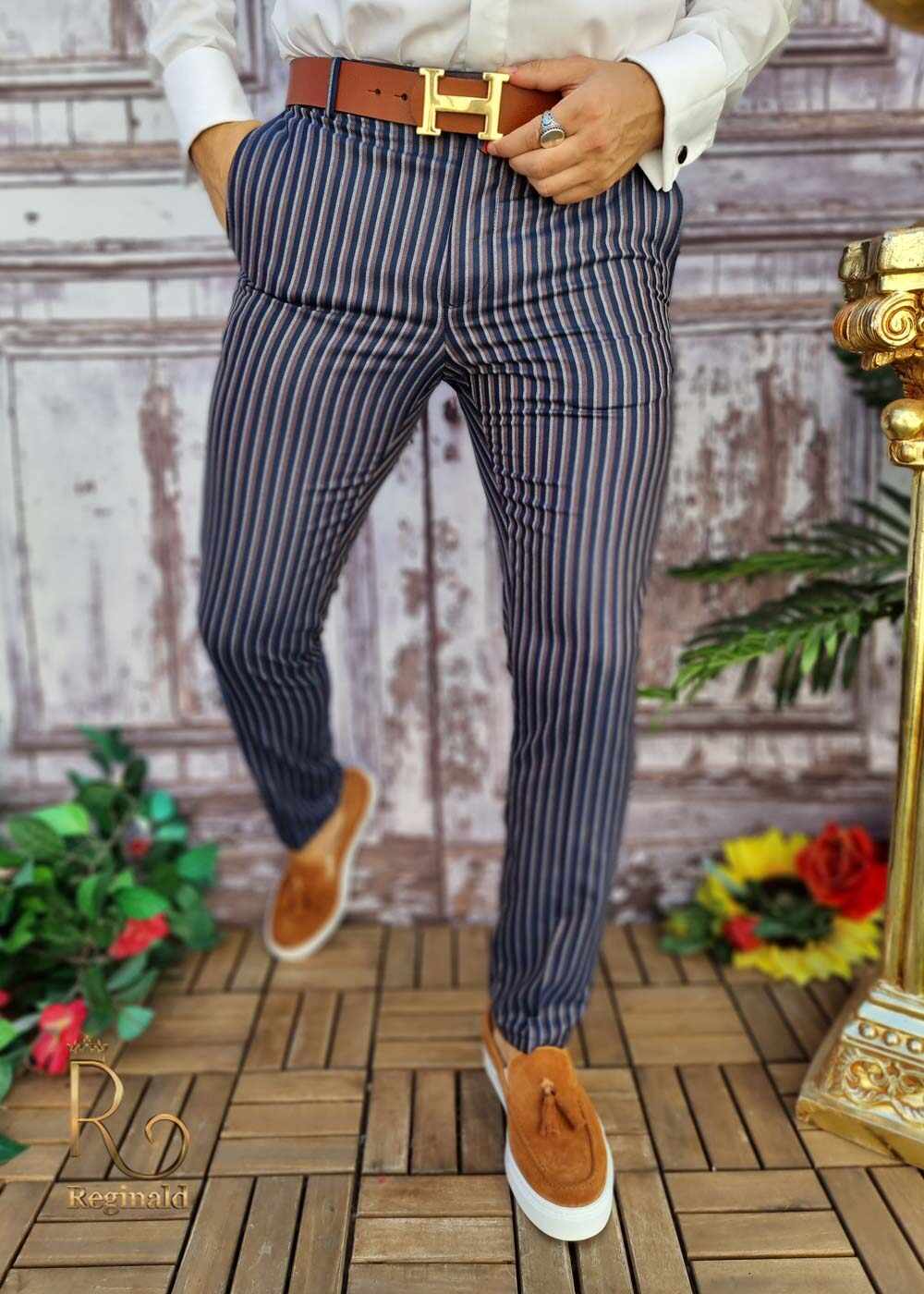 Pantaloni eleganți de bărbați, Slim Fit, Bleumarin cu dungi - PN605