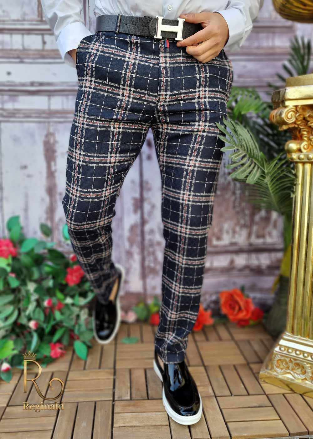 Pantaloni eleganti de barbati, Slim Fit, Bleumarin in carouri - PN631