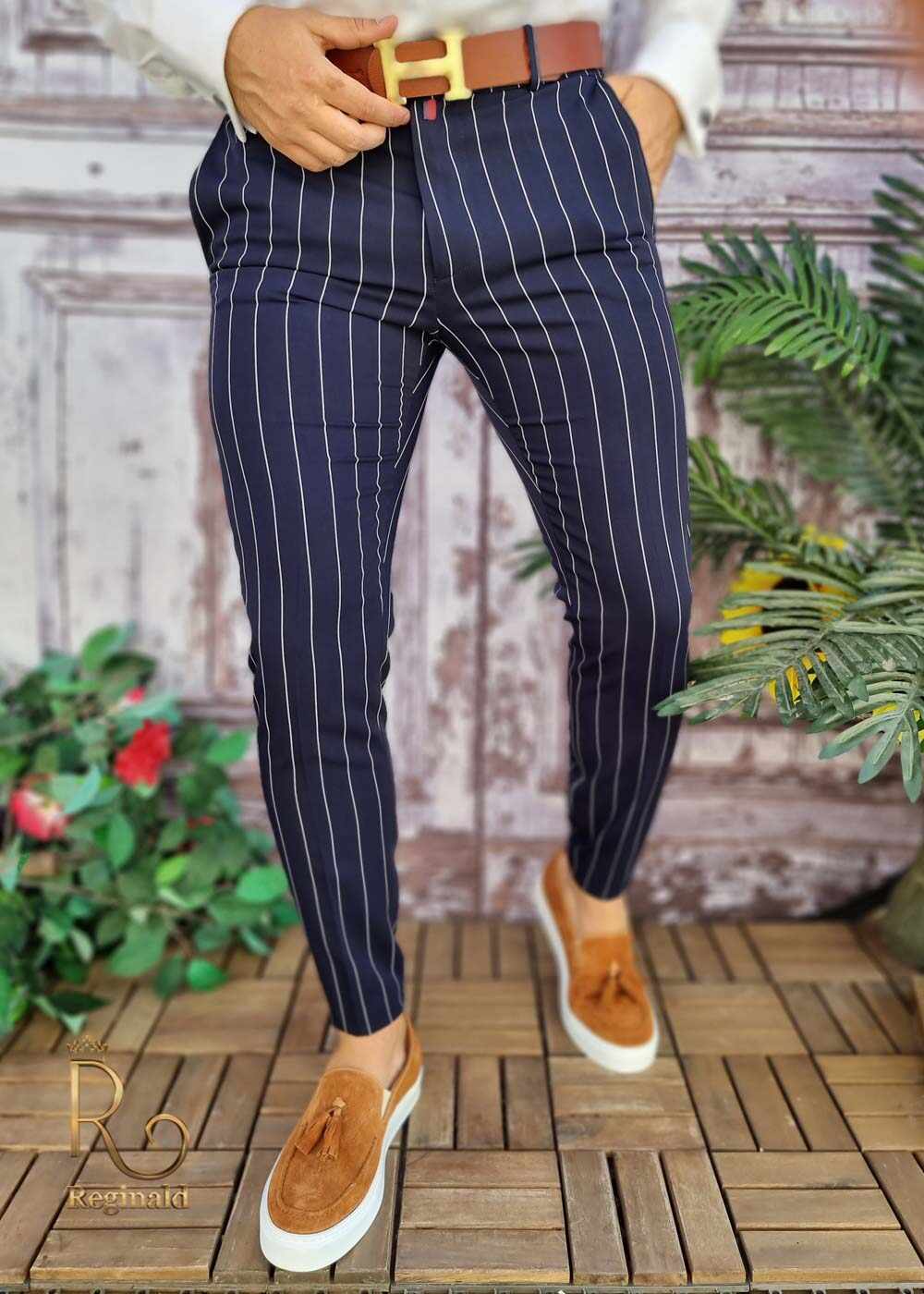 Pantaloni eleganți de bărbați, Slim Fit, Bleumarin in dungi - PN573