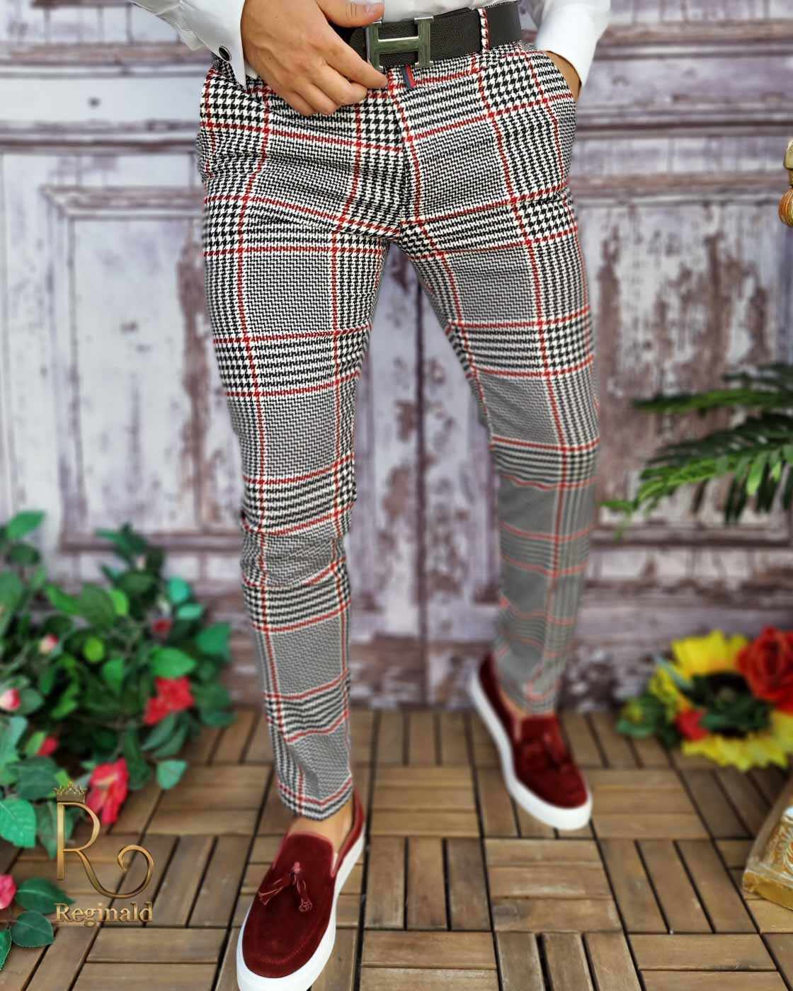 Pantaloni eleganți de bărbați, Slim Fit, Gri in carouri - PN582