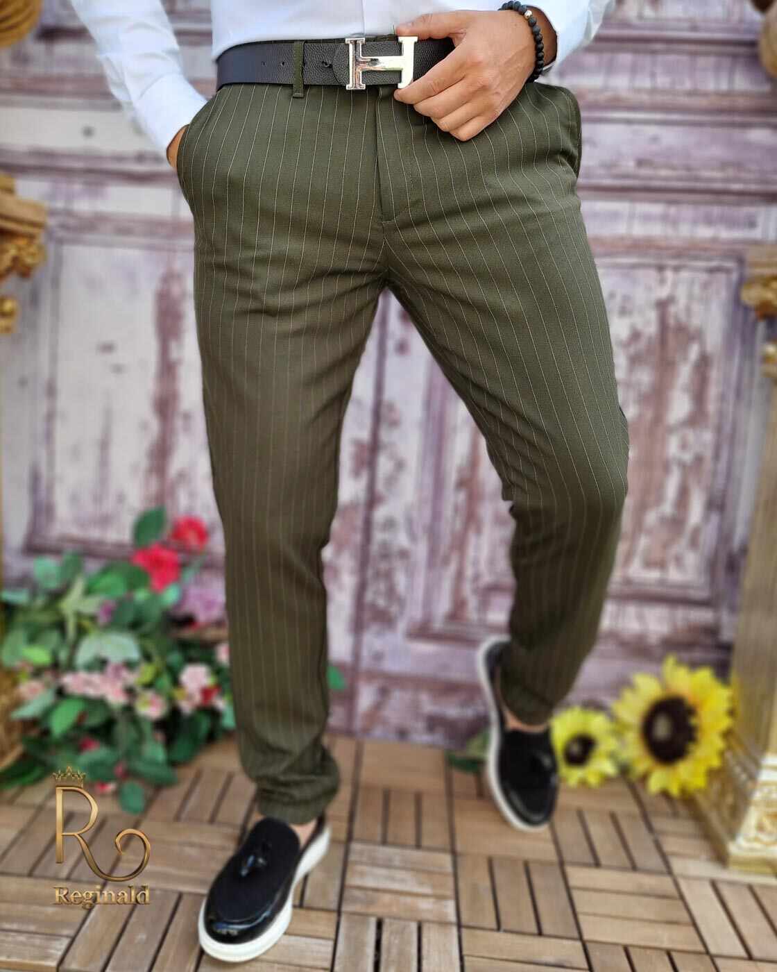 Pantaloni eleganți de bărbați, Verde cu dungi, Slim Fit si Conici - PN667