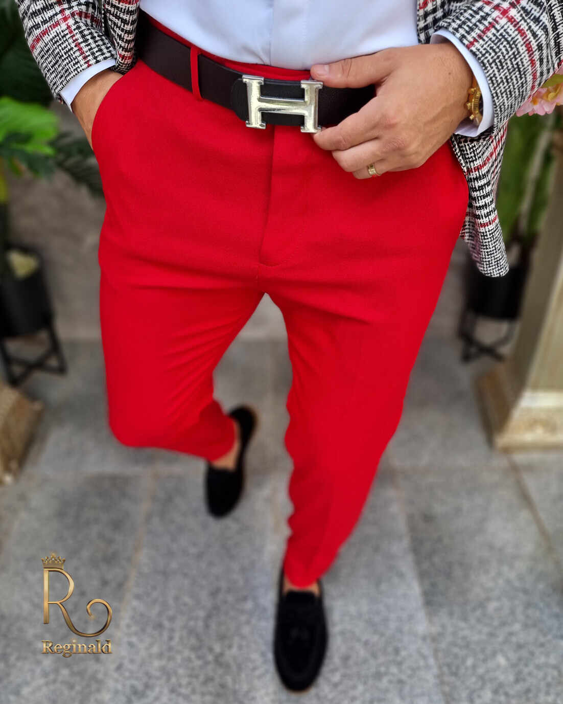 Pantaloni Roșu englez de bărbați, Casual Slim Fit, Conici cu lanț – PN708