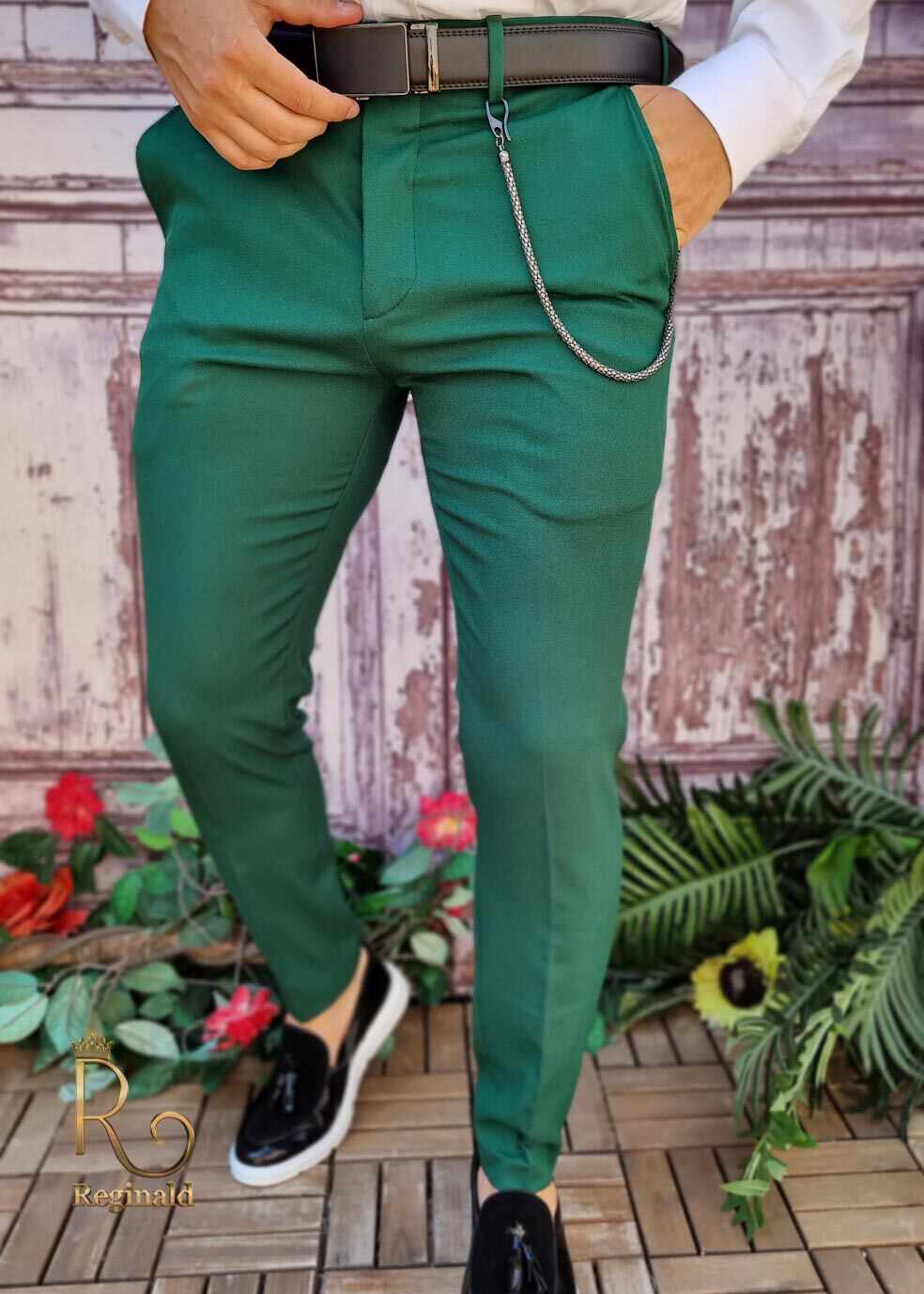 Pantaloni Verde imperial de bărbați, Casual Slim Fit, Conici cu lanț – PN709