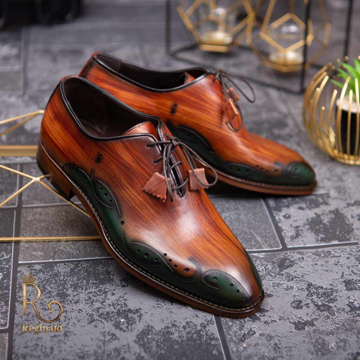 Pantofi eleganti barbatesti din piele naturala, maro cu verde - P1317