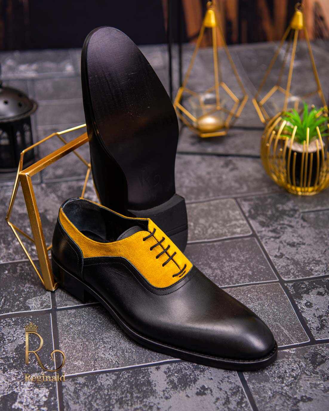 Pantofi eleganți de bărbați din piele naturala, Negru cu galben - P1610