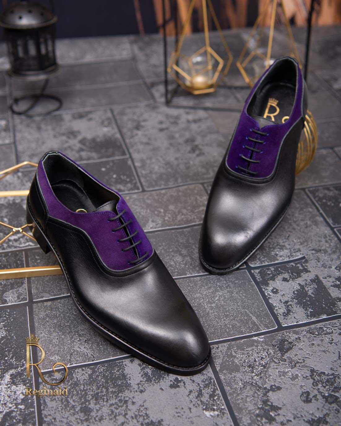 Pantofi eleganți de bărbați din piele naturala, negru cu mov - P1625
