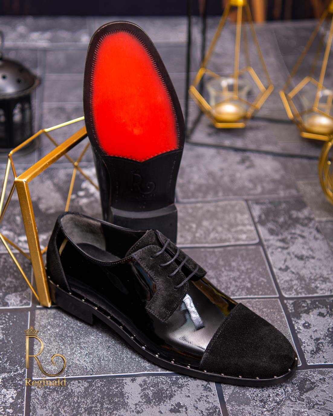 Pantofi eleganți de bărbați din piele naturala, Negru lăcuit /catifea - P1547