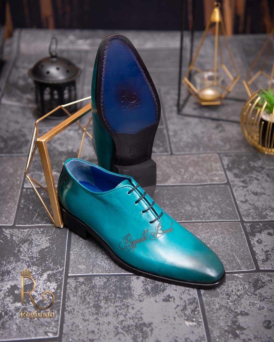 Pantofi eleganți de bărbați din piele naturala, Turcoaz gravat - P1615