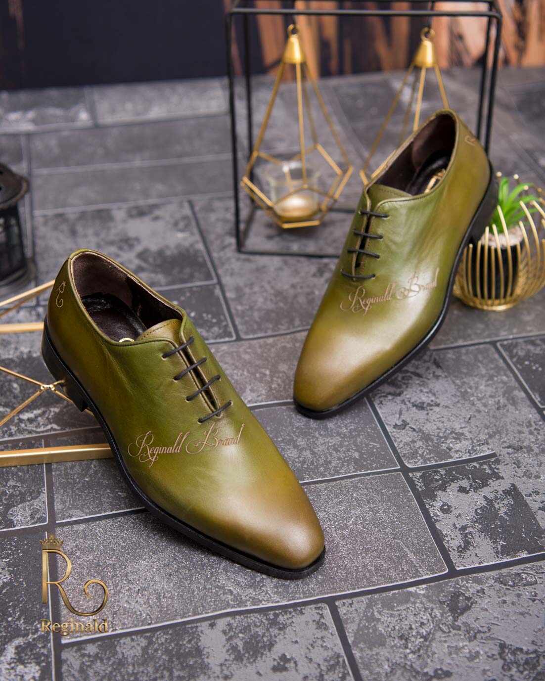 Pantofi eleganți de bărbați din piele naturala, Verde gravat - P1566