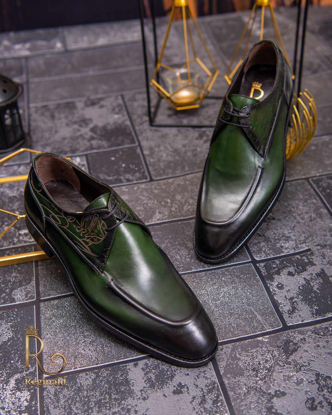 Pantofi eleganți de bărbați din piele naturala, Verde gravat - P1616