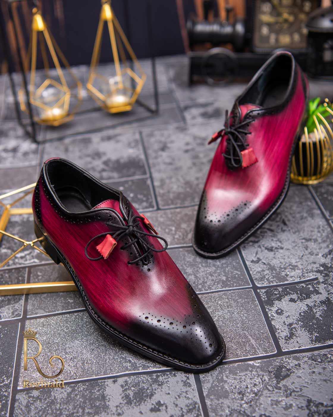 Pantofi eleganți de bărbați, din piele naturala, Vișiniu patinat Brogue - P1525