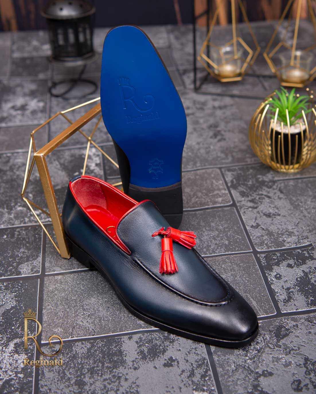 Pantofi Loafers de bărbați din piele naturala, bleumarin cu rosu - P1628