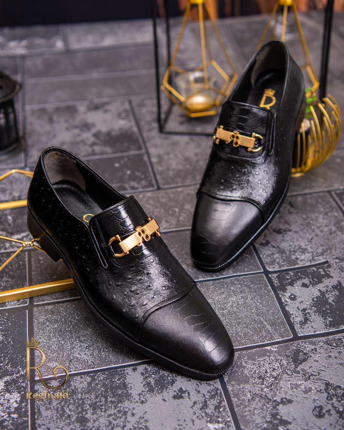 Pantofi Loafers de bărbați din piele naturala, Negru cu model - P1618