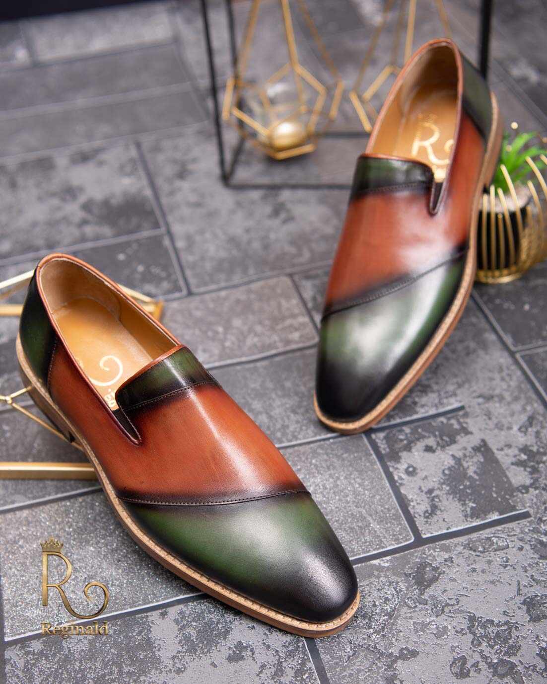 Pantofi Loafers de bărbați din piele naturala, Verde / Maro - P1535