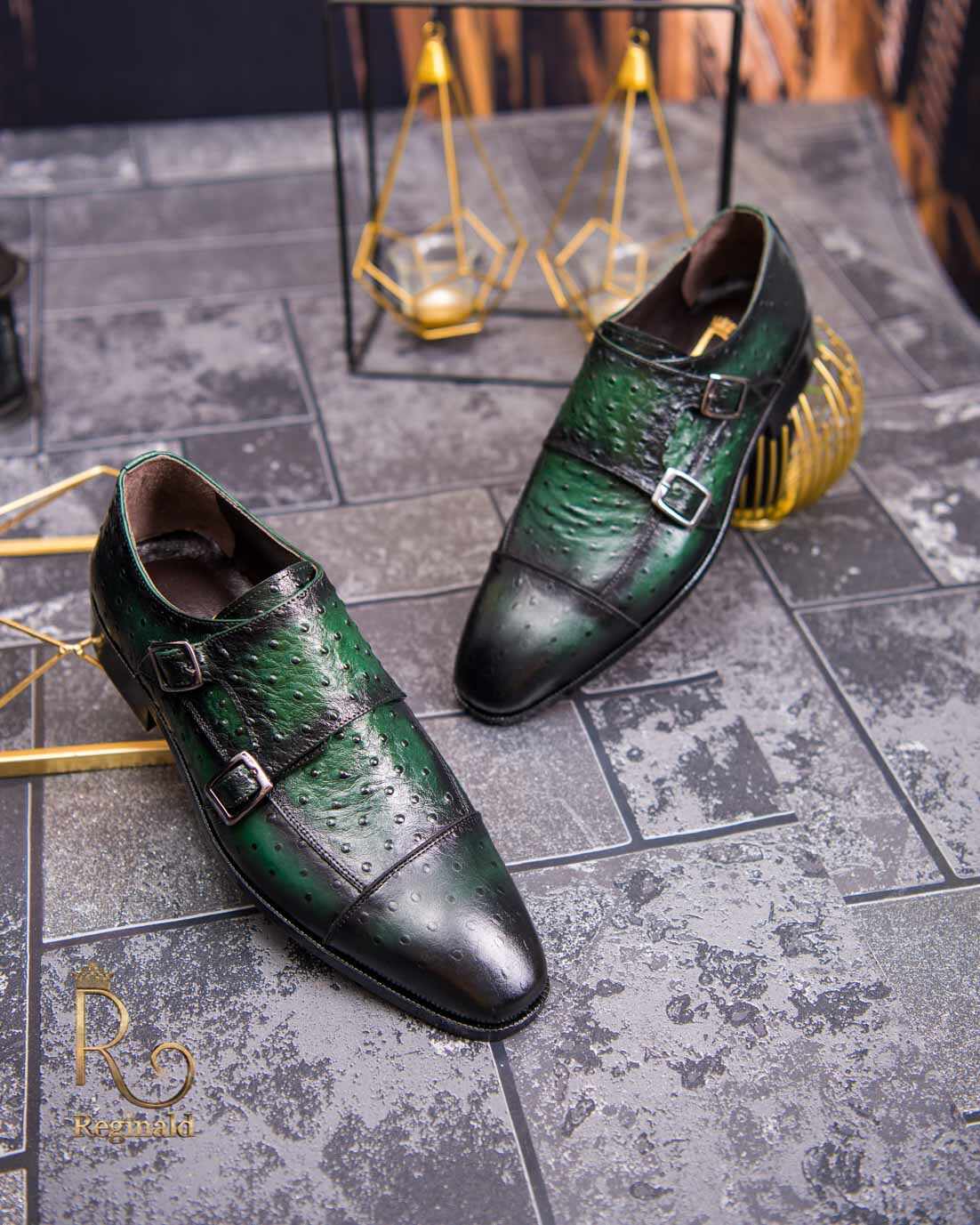 Pantofi Loafers de bărbați din piele naturala, Verde cu model - P1597
