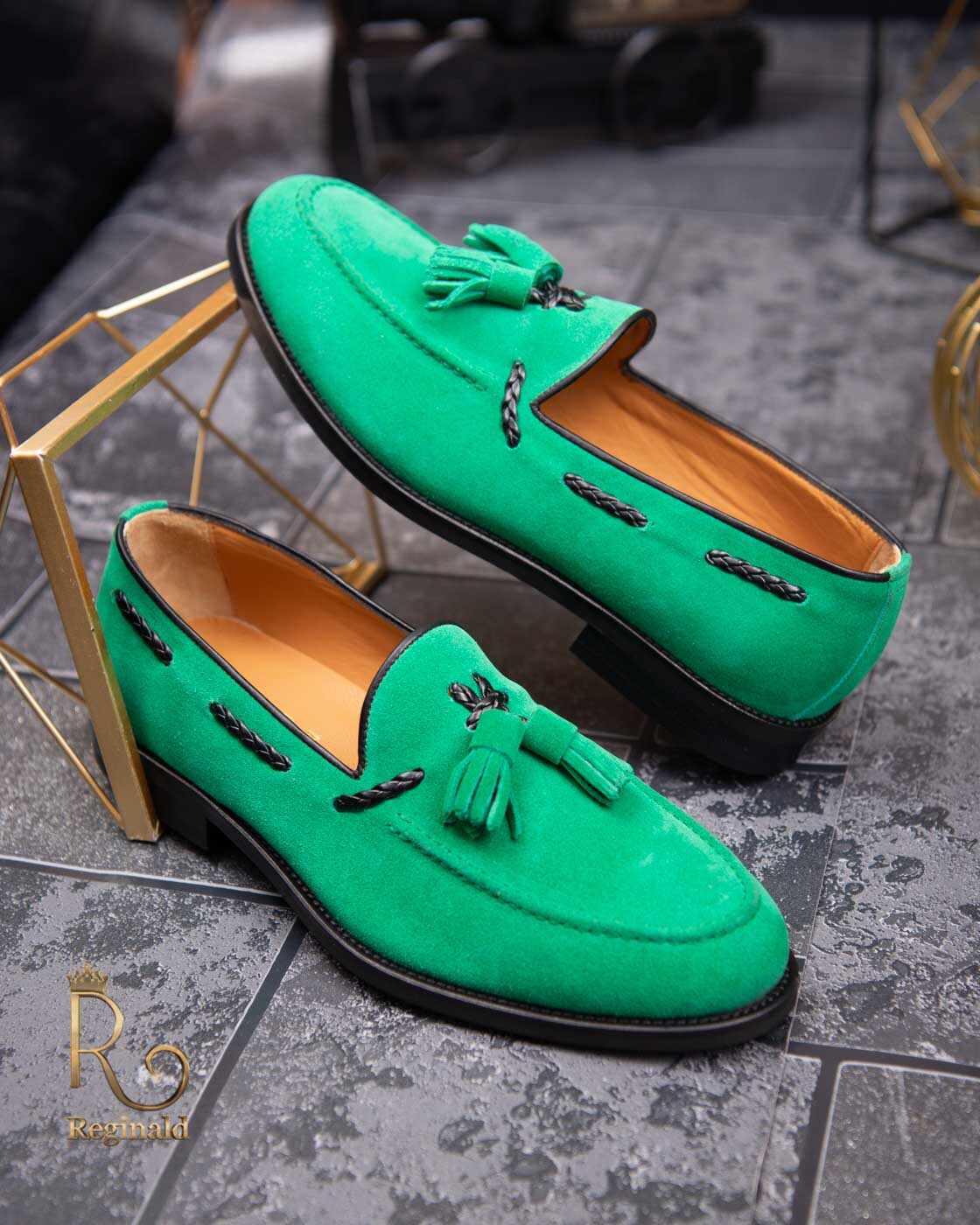 Pantofi Loafers de barbati verzi din piele naturala intoarsa - P1391