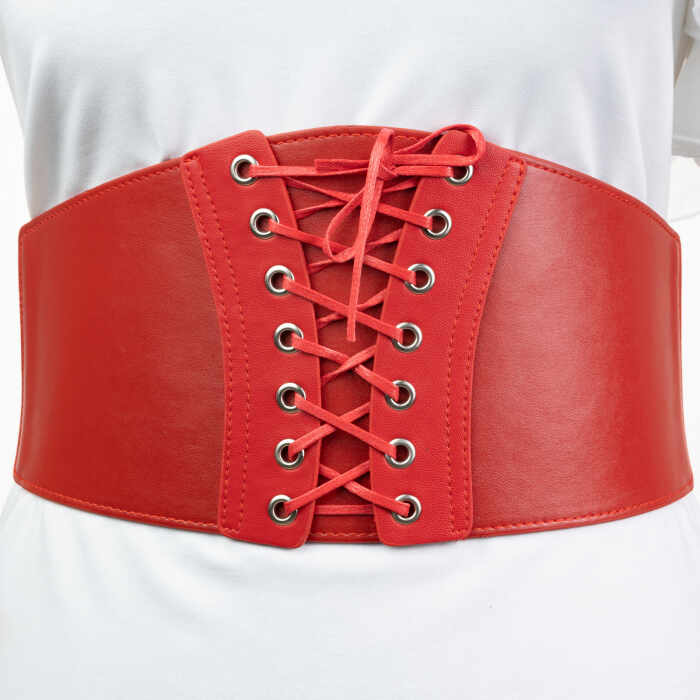 Centura rosie corset, lata, din piele ecologica cu siret si capse mici