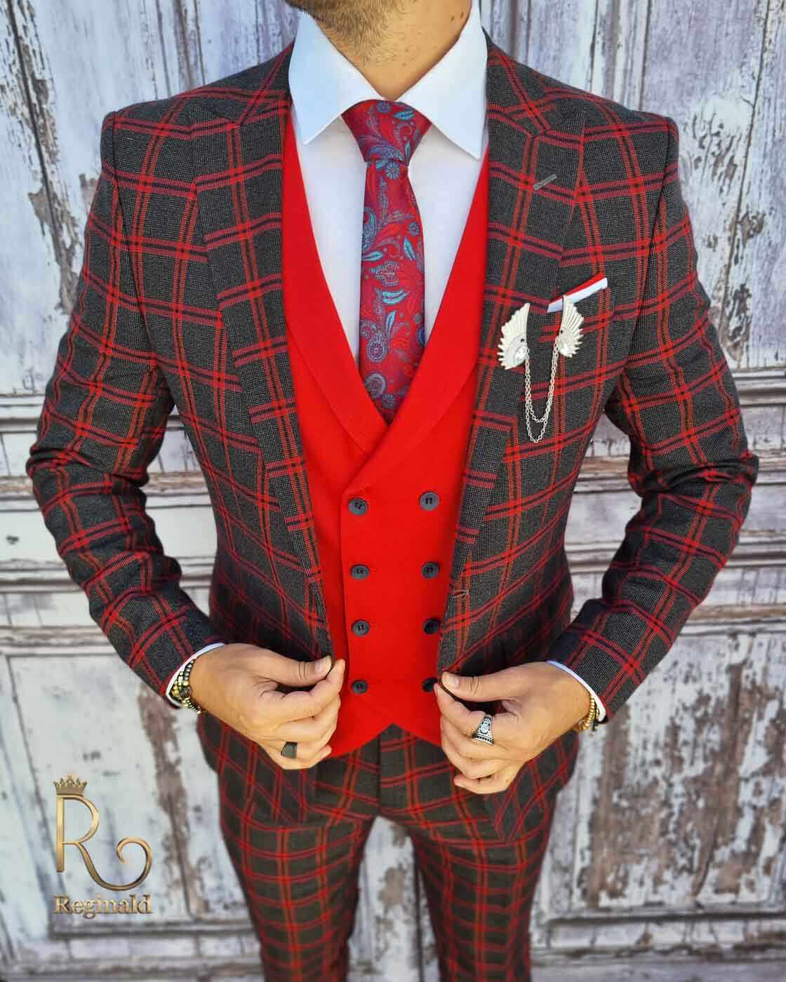 Costum Smart Casual Slim-Fit, Sacou-Vesta-Pantalon, gri in carouri rosii - C1953