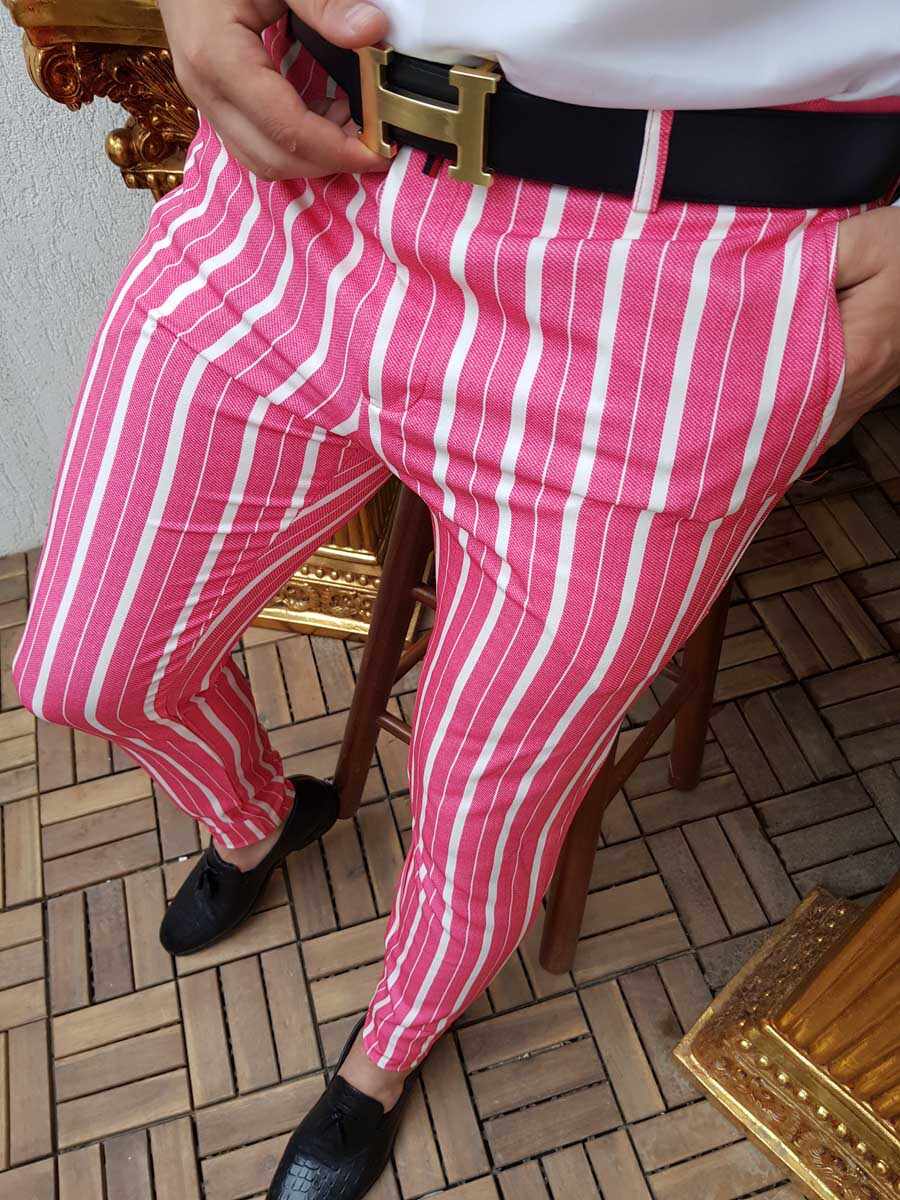 Pantaloni barbati Slim Fit, corai cu dungi albe, conici - PN328