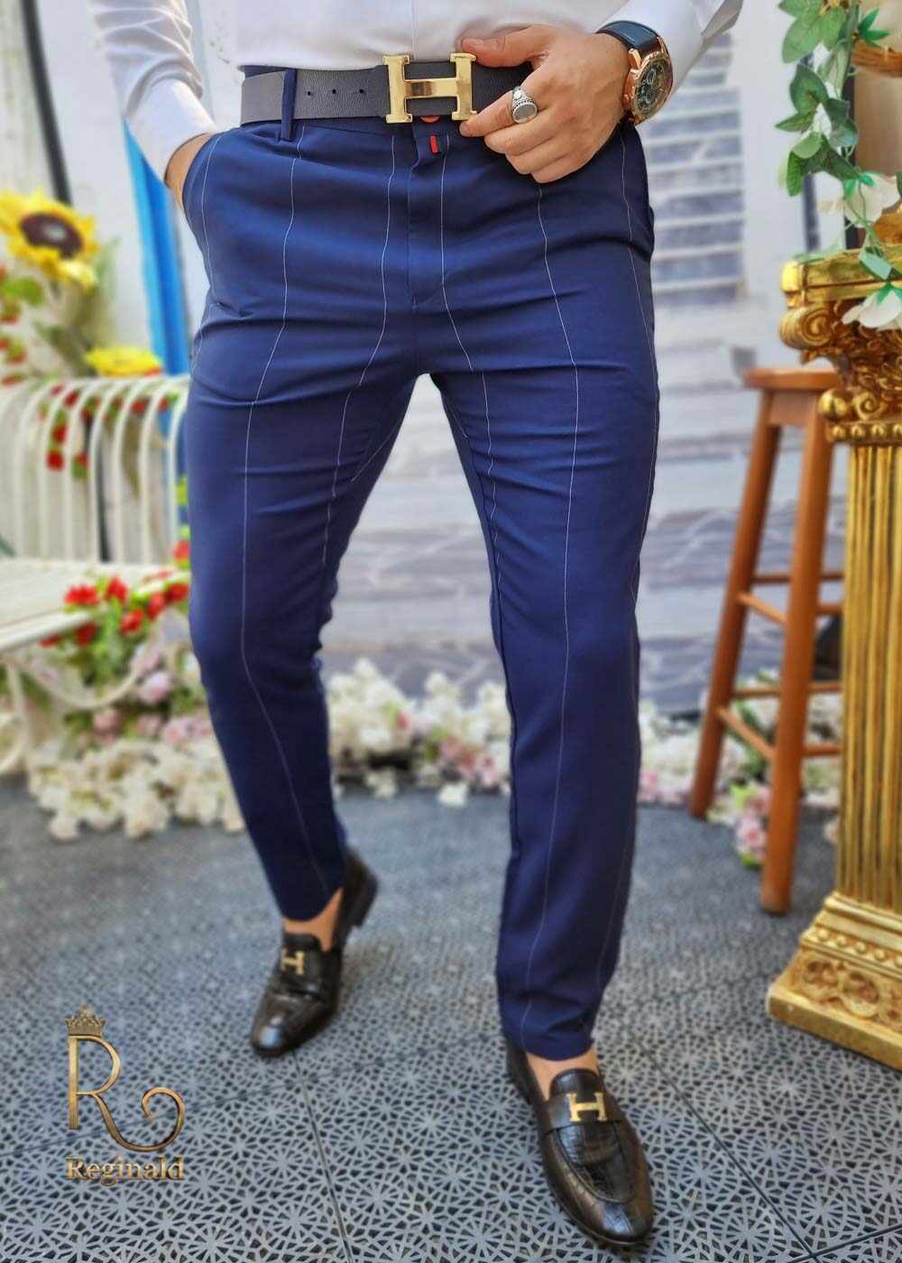 Pantaloni de barbati bleumarin cu dungi, croiala slim-fit, elastici si conici - PN521