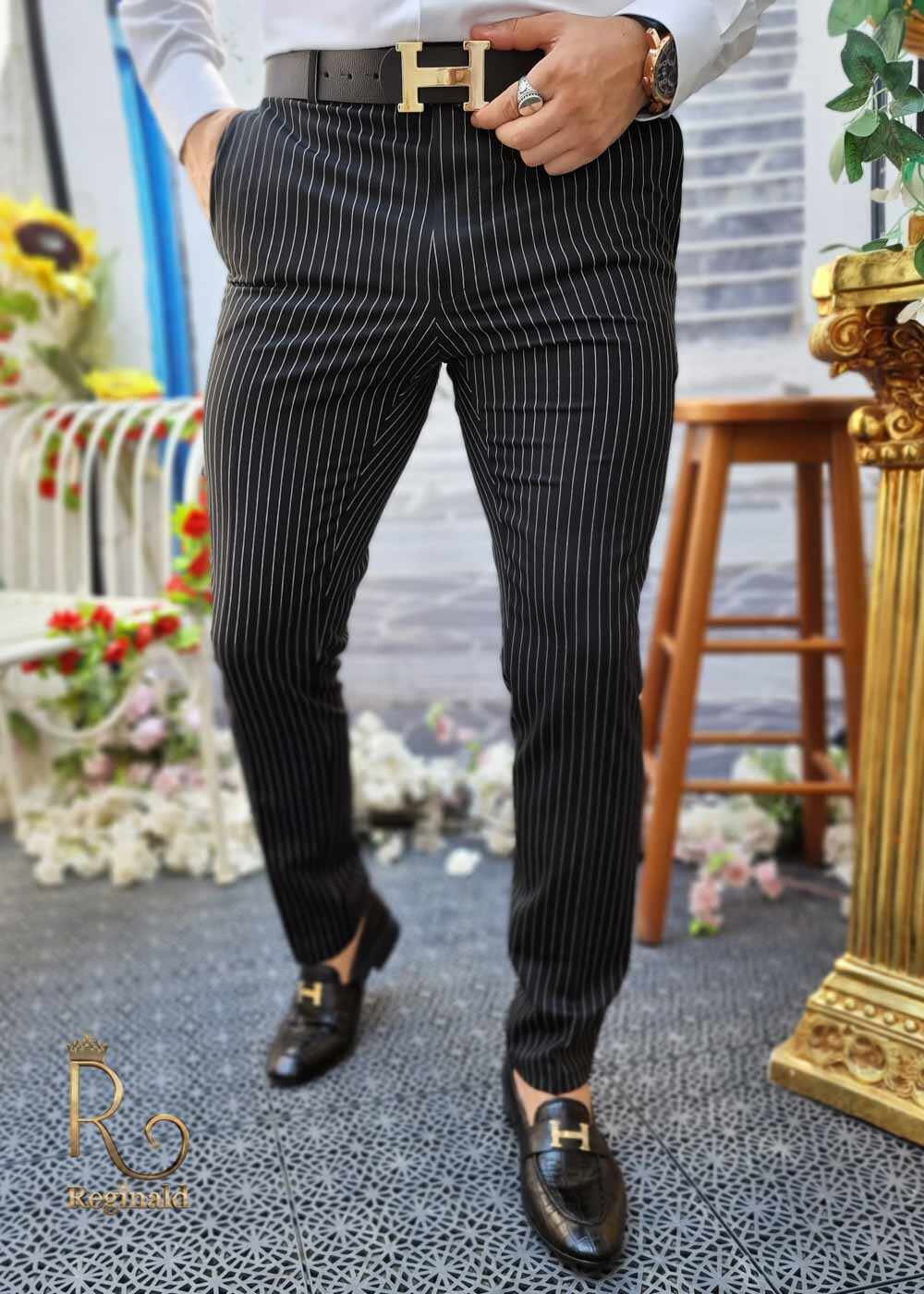 Pantaloni de barbati negri in dungi albe, croiala slim-fit, conici - PN529