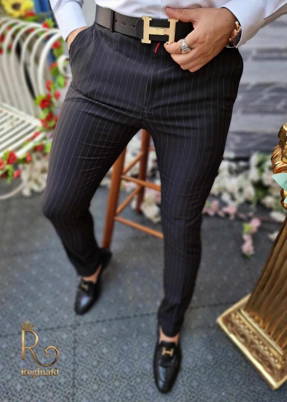 Pantaloni de barbati negri in dungi, croiala slim-fit, elastici si conici - PN520