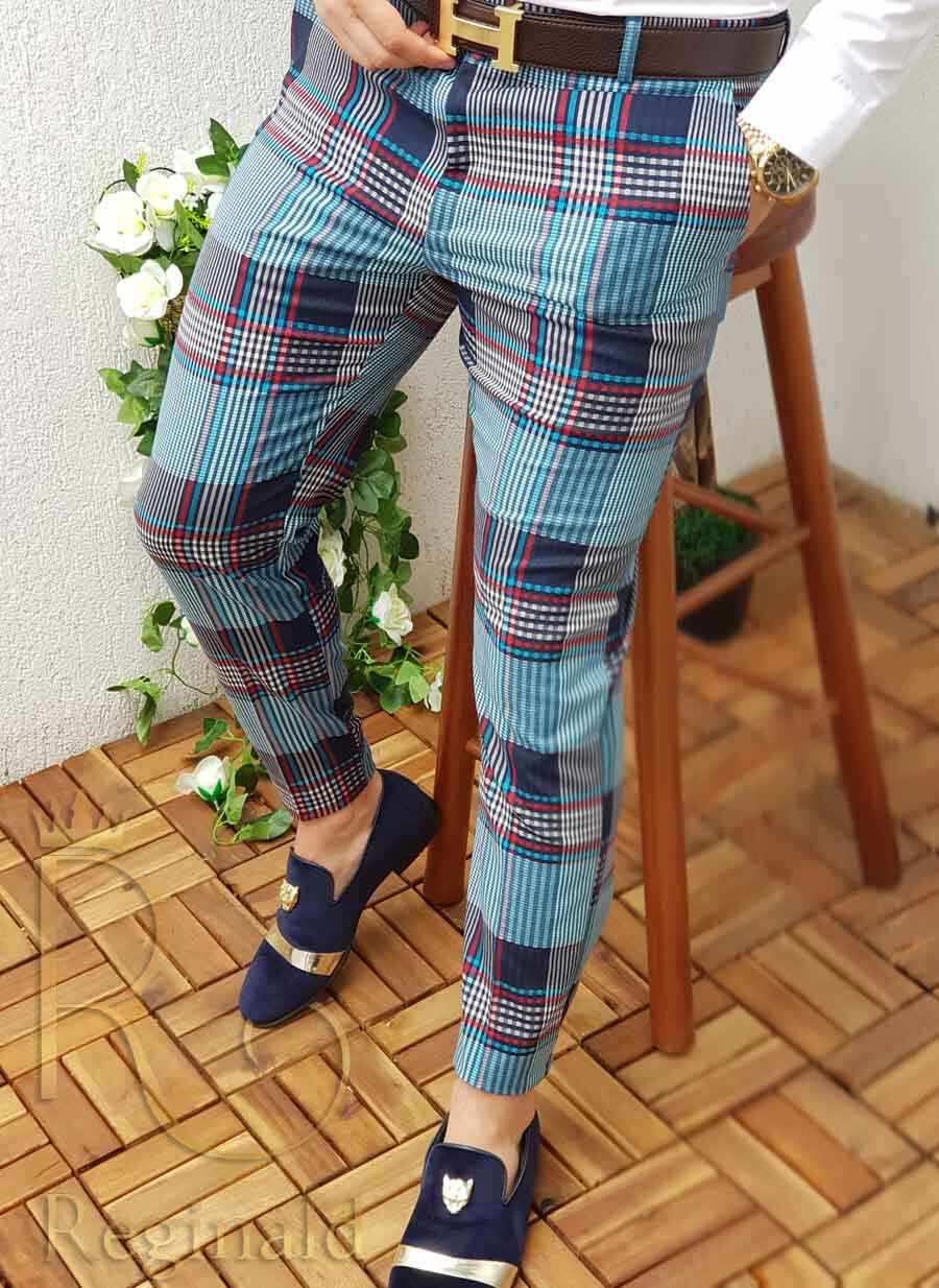 Pantaloni de barbati, Slim Fit, bleu in dungi, conici - PN246