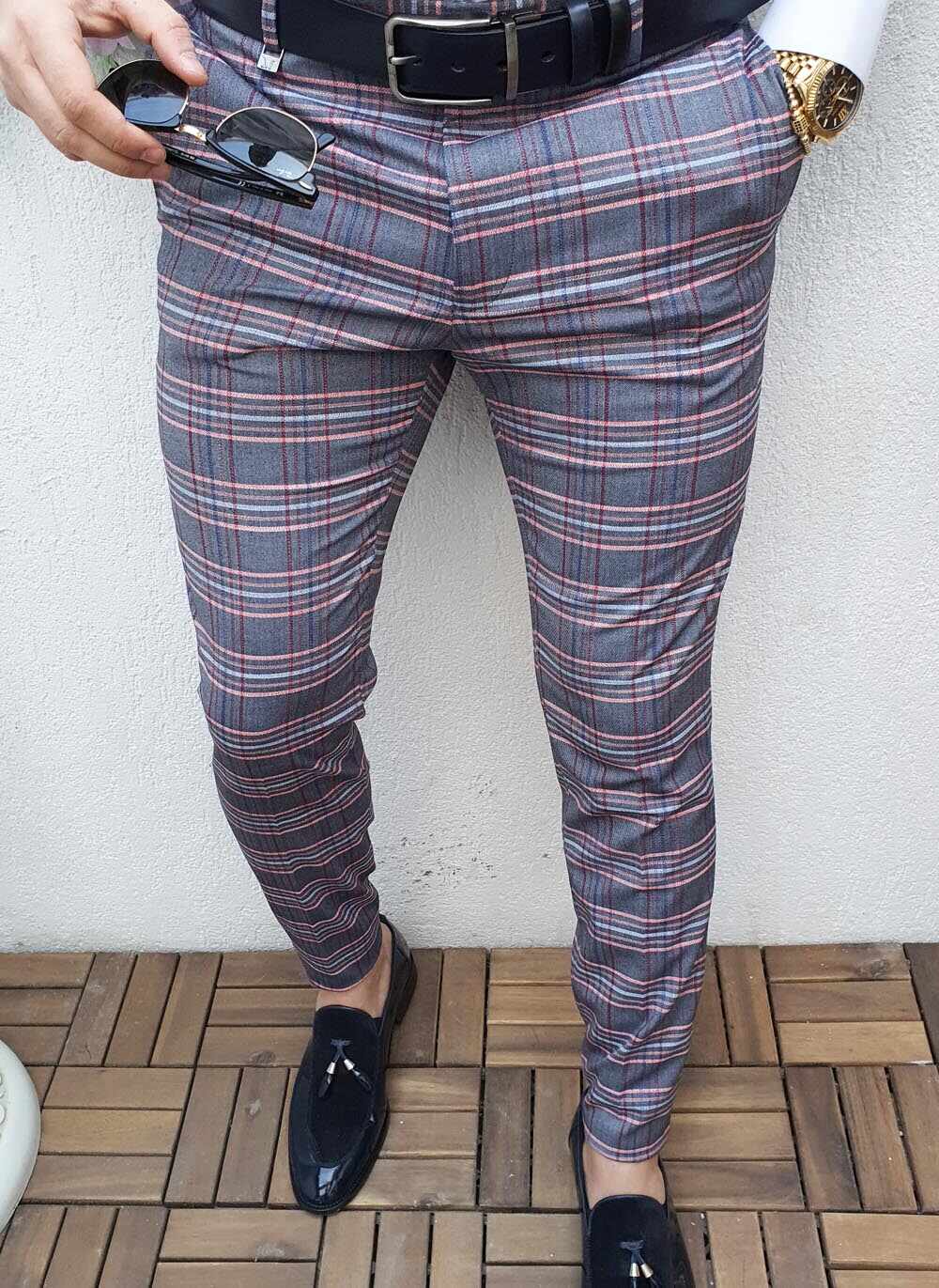 Pantaloni de barbati, Slim Fit, bleu pal patratele roz - PN382