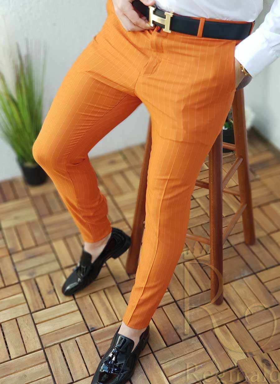 Pantaloni de barbati, Slim Fit, portocalii in dungi , conici - PN263