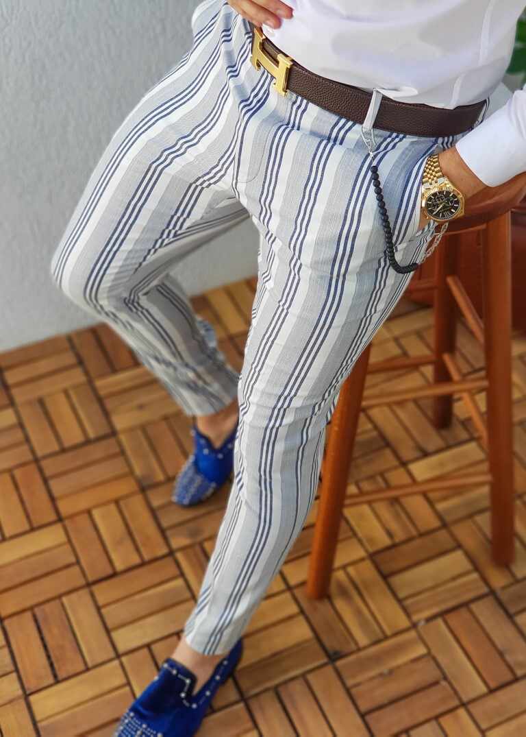 Pantaloni eleganți de bărbați, Albi in dungi bleumarin, Slim Fit, Conici - PN211