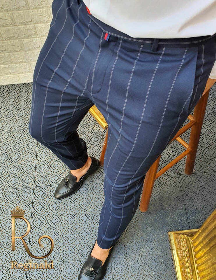 Pantaloni eleganti, de barbati, bleumarin in dungi - PN450