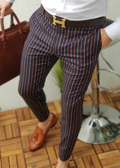 Pantaloni eleganți de bărbați, Bleumarin in dungi, Slim Fit, Conici - PN206