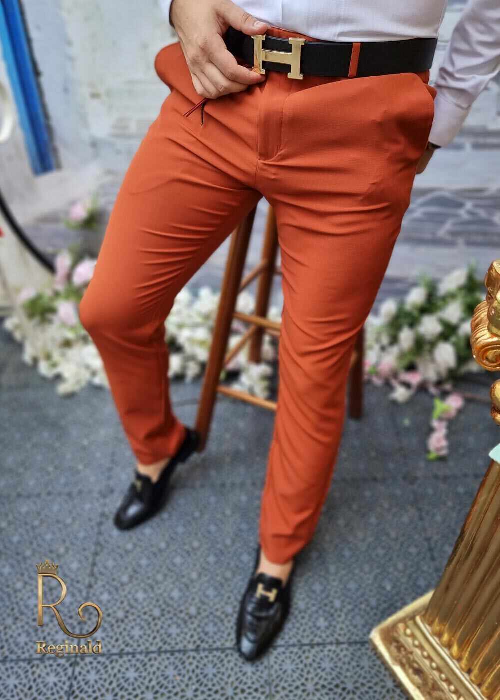 Pantaloni eleganti de barbati, caramizii, croiala slim-fit, conici - PN512