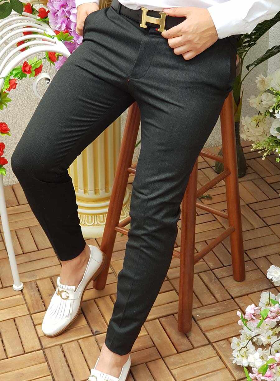 Pantaloni eleganți de bărbați, Gri închis cu model liniar, Conici - PN295