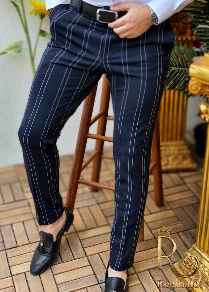 Pantaloni eleganți de bărbați, Slim Fit, Bleumarin cu dungi - PN413