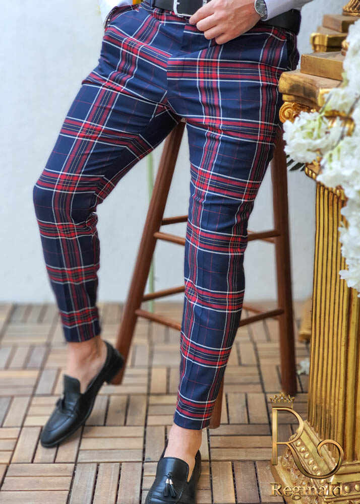 Pantaloni eleganți de bărbați, Slim Fit, Bleumarin in carouri roșii - PN421