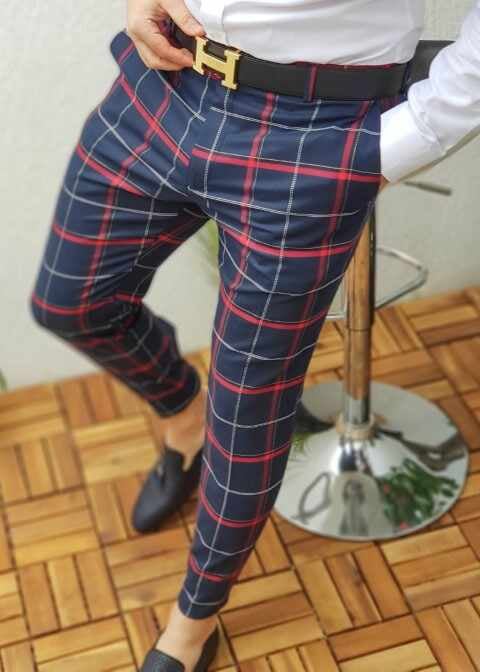 Pantaloni eleganti de barbati, Slim Fit, conici, bleumarin in carouri - PN204