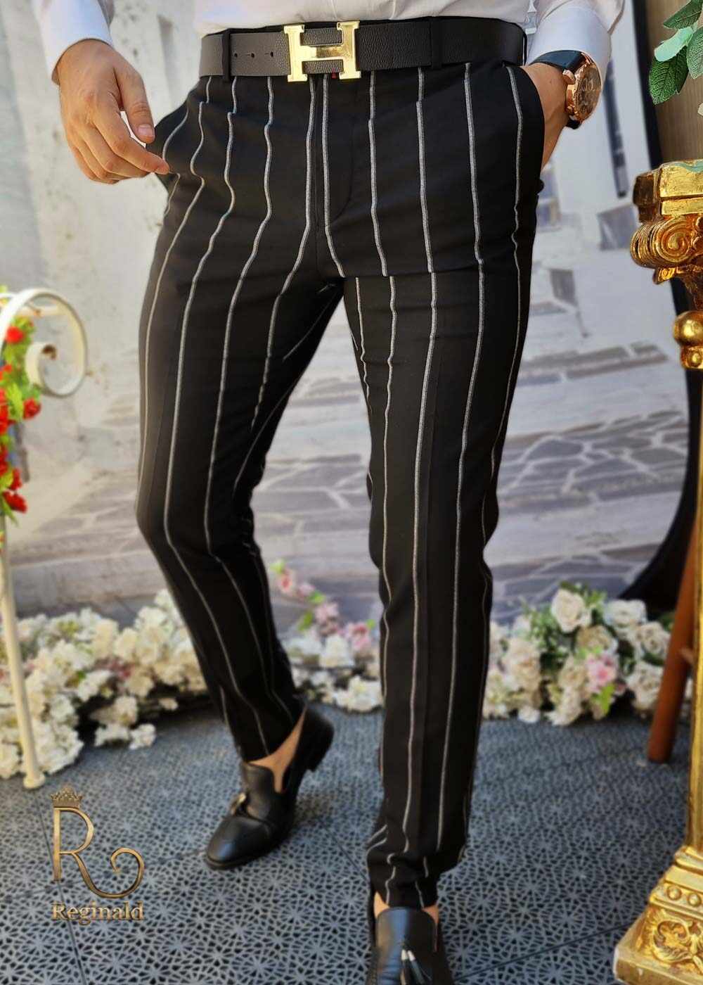 Pantaloni eleganți de bărbați, Slim Fit, Conici, Negru cu dungi - PN539