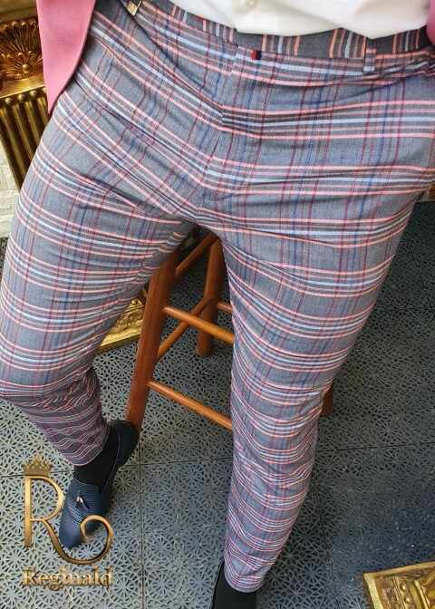 Pantaloni eleganti de barbati, Slim Fit, Gri in carouri multicolore - PN431