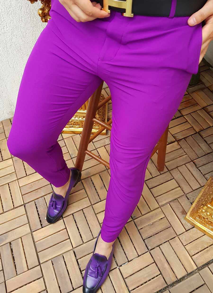 Pantaloni eleganti de barbati, Slim Fit, Lila inchis, Elastici, Conici - PN330
