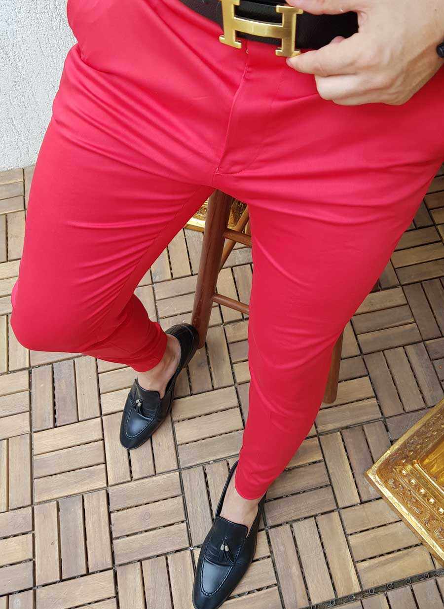 Pantaloni eleganti de barbati, Slim Fit, Rosii, Conici - PN332
