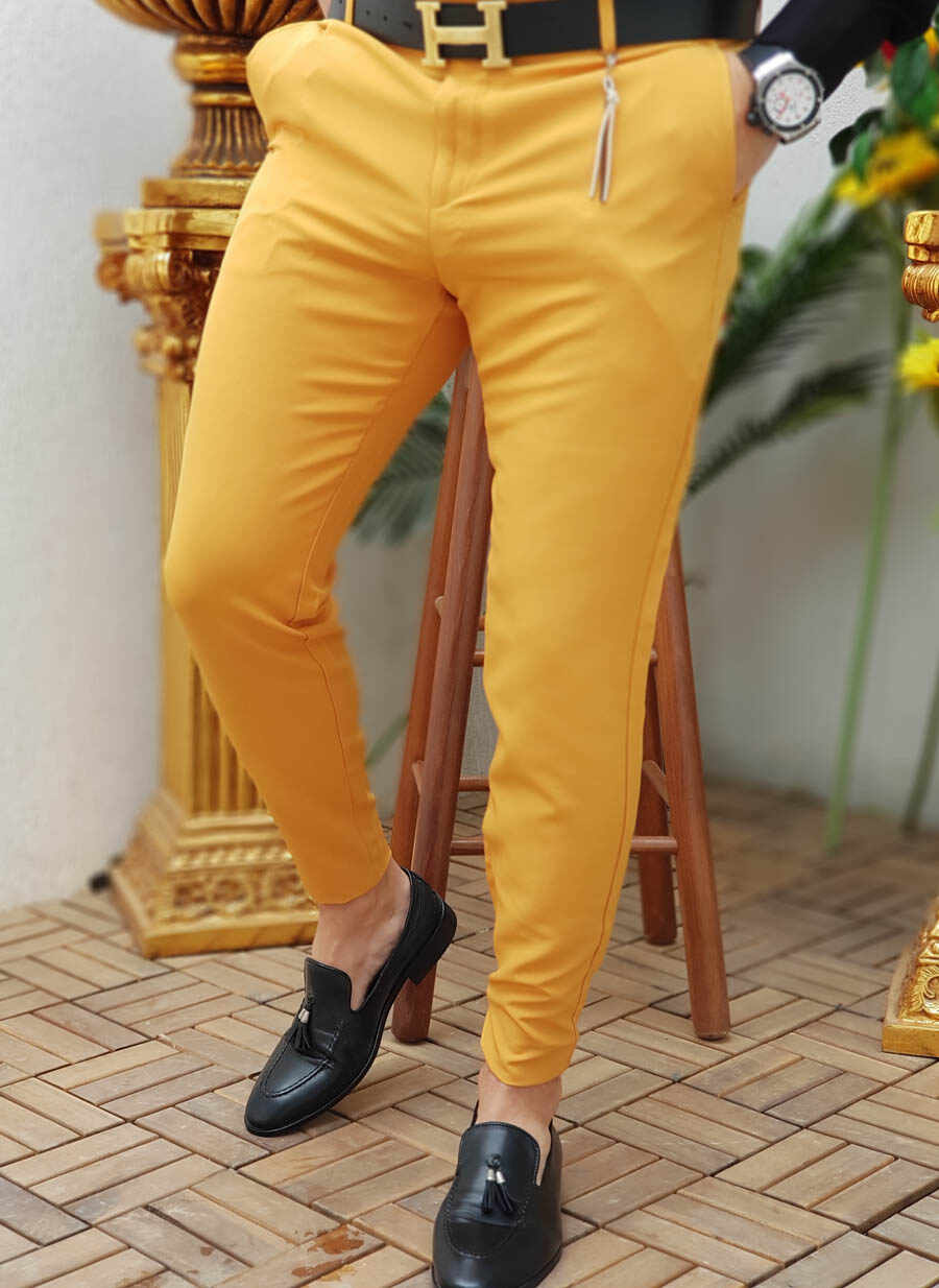 Pantaloni Slim Fit, galbeni aurii, elastici, conici - PN339